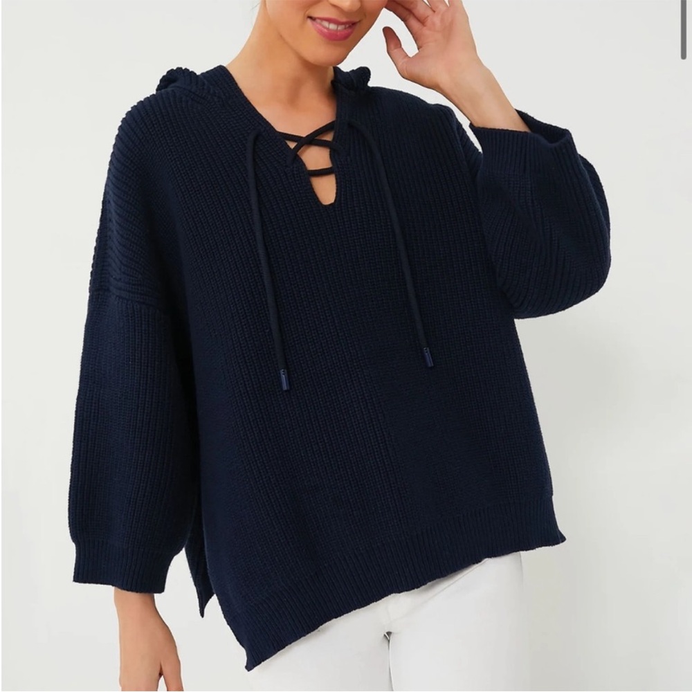 Tuckernuck Navy Knit Declan Pullover sweater size large navy blue hooded knit - Picture 2 of 11
